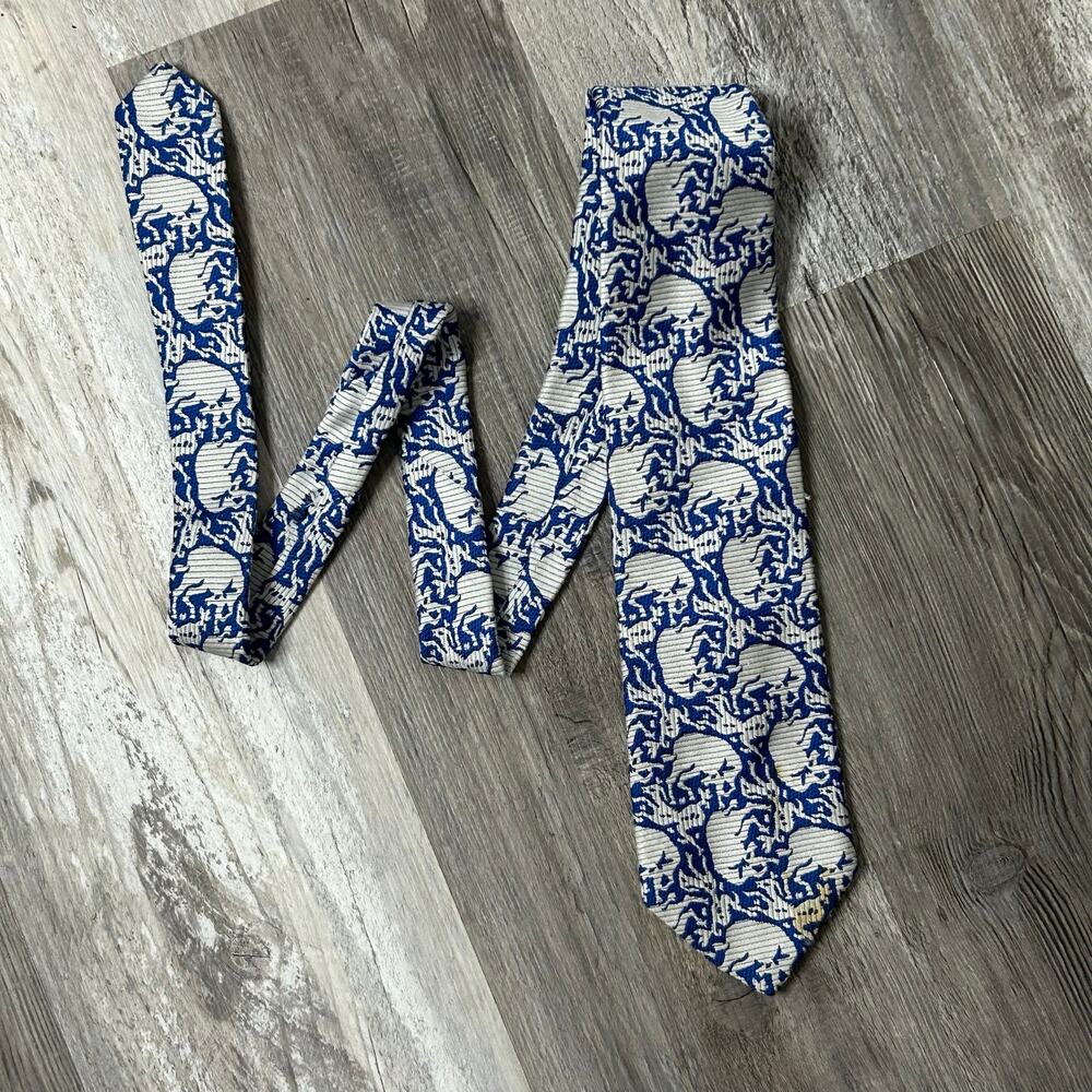 BURMA Blue White Patterned Silk Tie Abstract Vintage Style embroidered